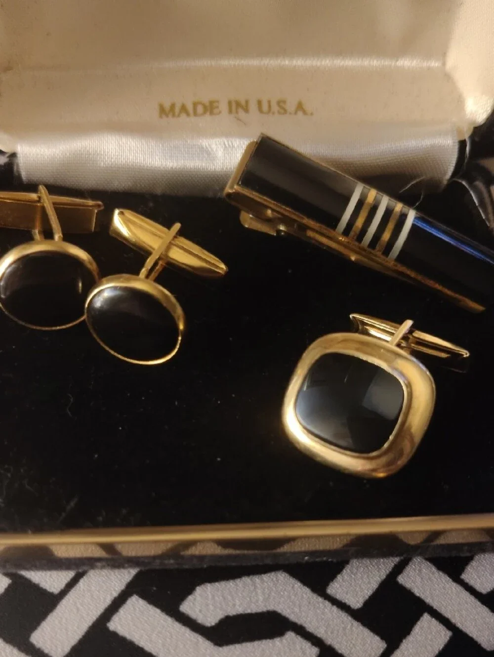 Vintage Gold-Tone Black Inlay Cufflinks and Tie Clip Set